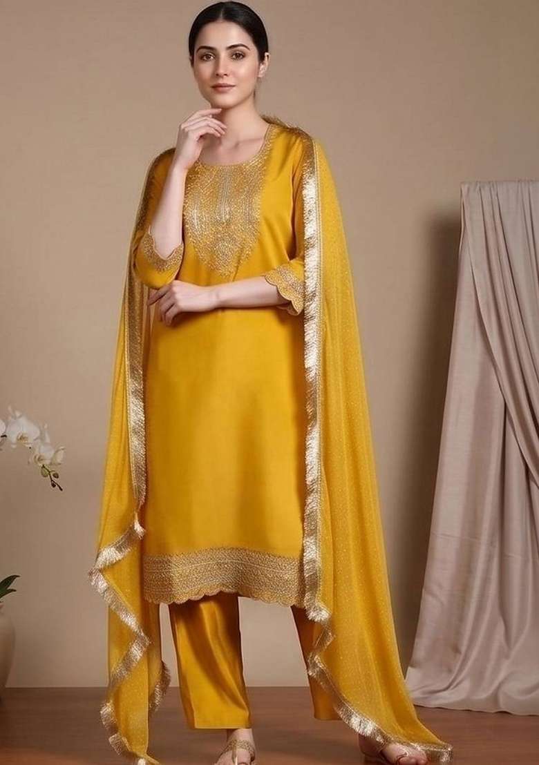 Yellow Embroidery Silk Kurta Set - Indya