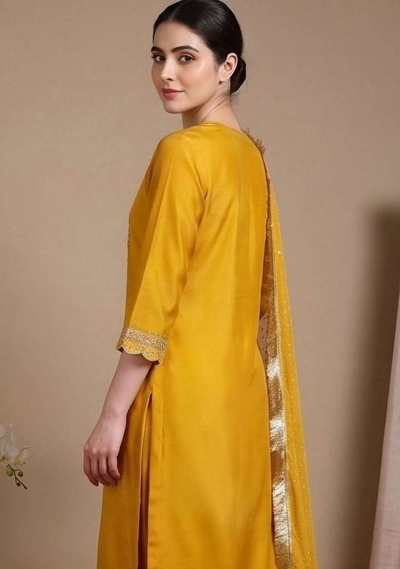 Yellow Embroidery Silk Kurta Set - Indya