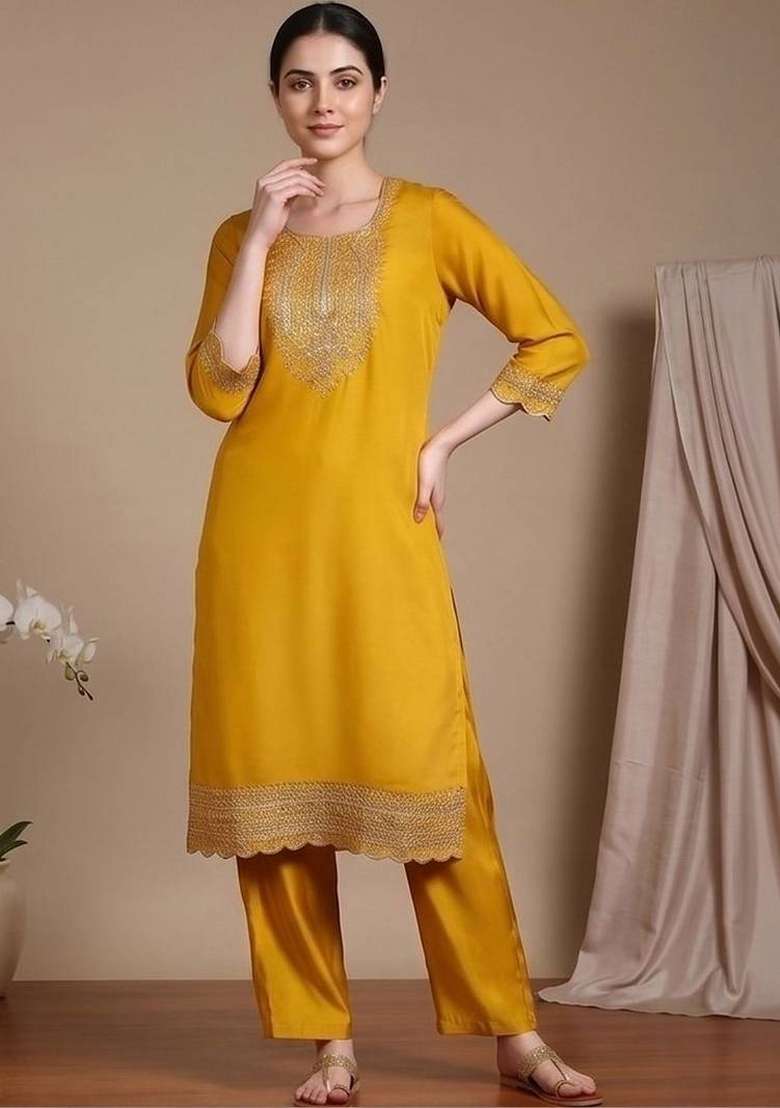 Yellow Embroidery Silk Kurta Set - Indya