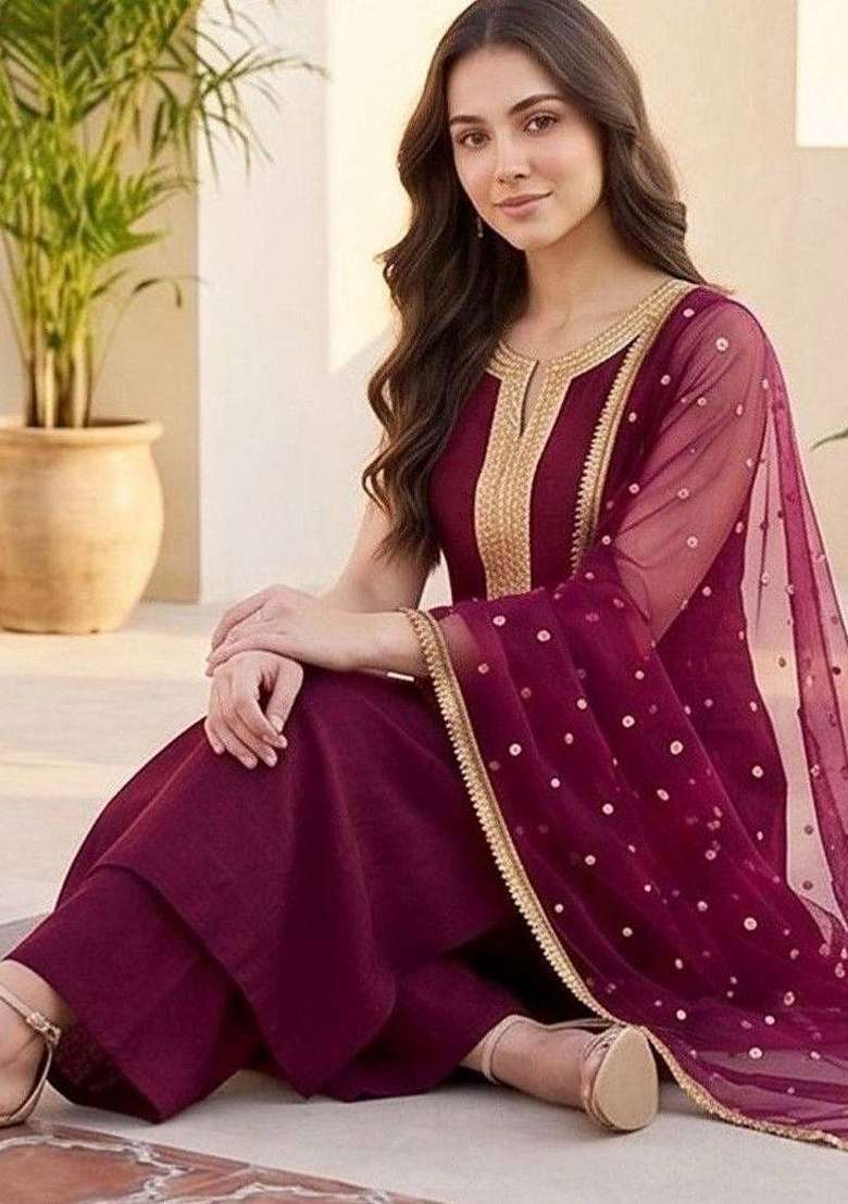 Maroon Embroidery Silk Palazzo Set - Indya