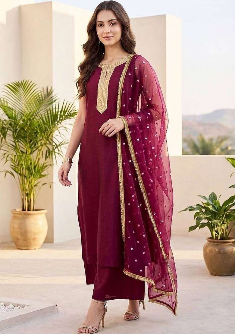 Maroon Embroidery Silk Palazzo Set - Indya