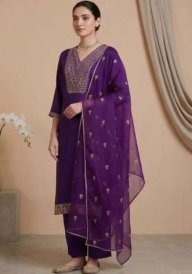 Purple Embroidery Silk Kurta Set