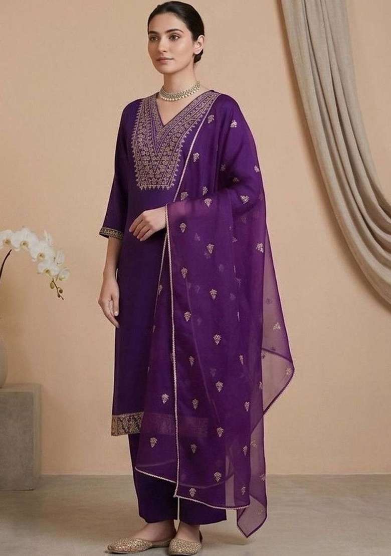 Purple Embroidery Silk Kurta Set - Indya