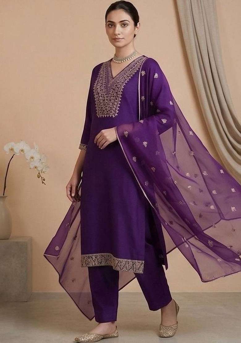 Purple Embroidery Silk Kurta Set - Indya