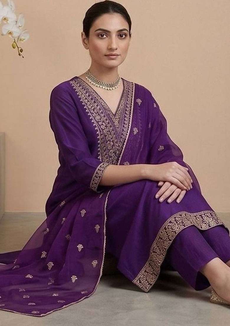 Purple Embroidery Silk Kurta Set - Indya