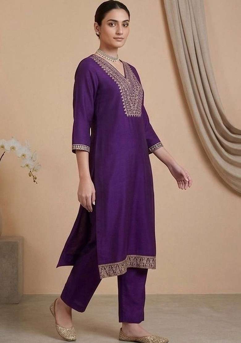 Purple Embroidery Silk Kurta Set - Indya