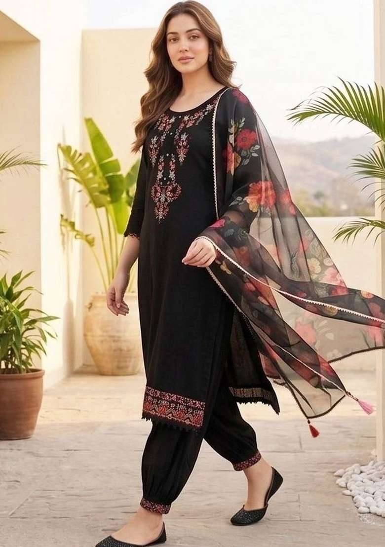 Black Embroidery Silk Kurta Set - Indya
