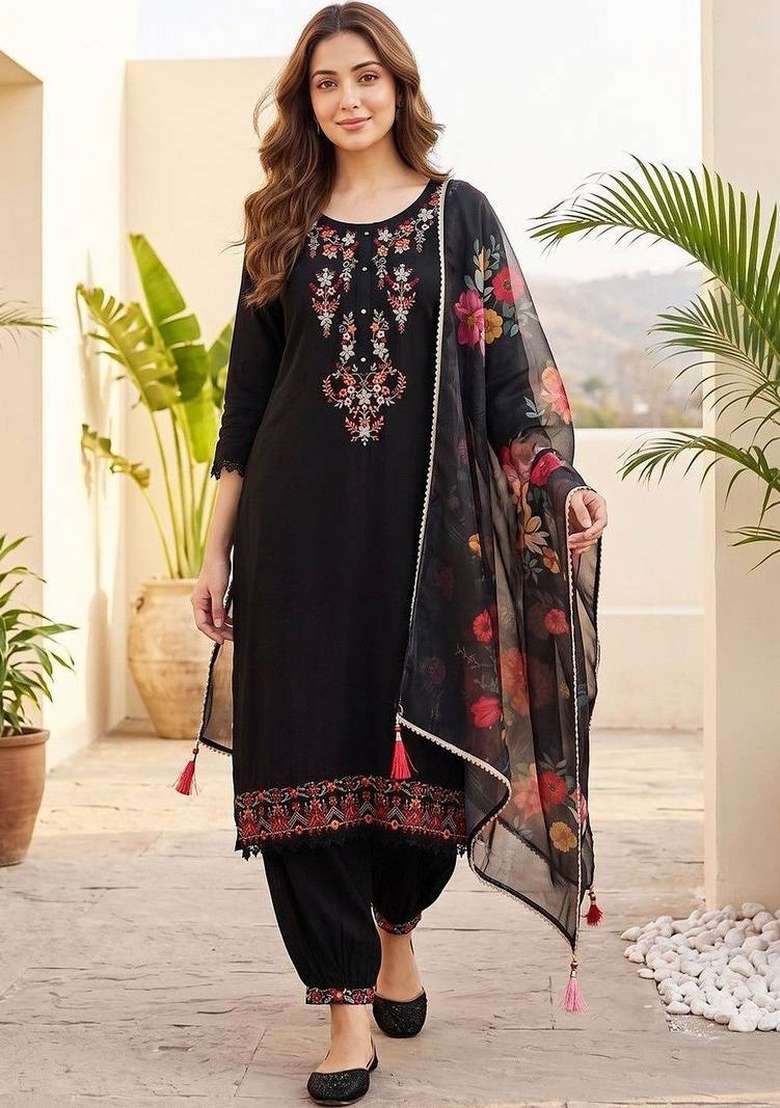 Black Embroidery Silk Kurta Set - Indya