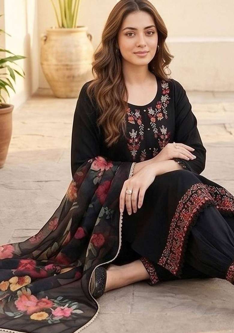 Black Embroidery Silk Kurta Set - Indya