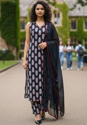 Black Printed Cotton Kurta Set