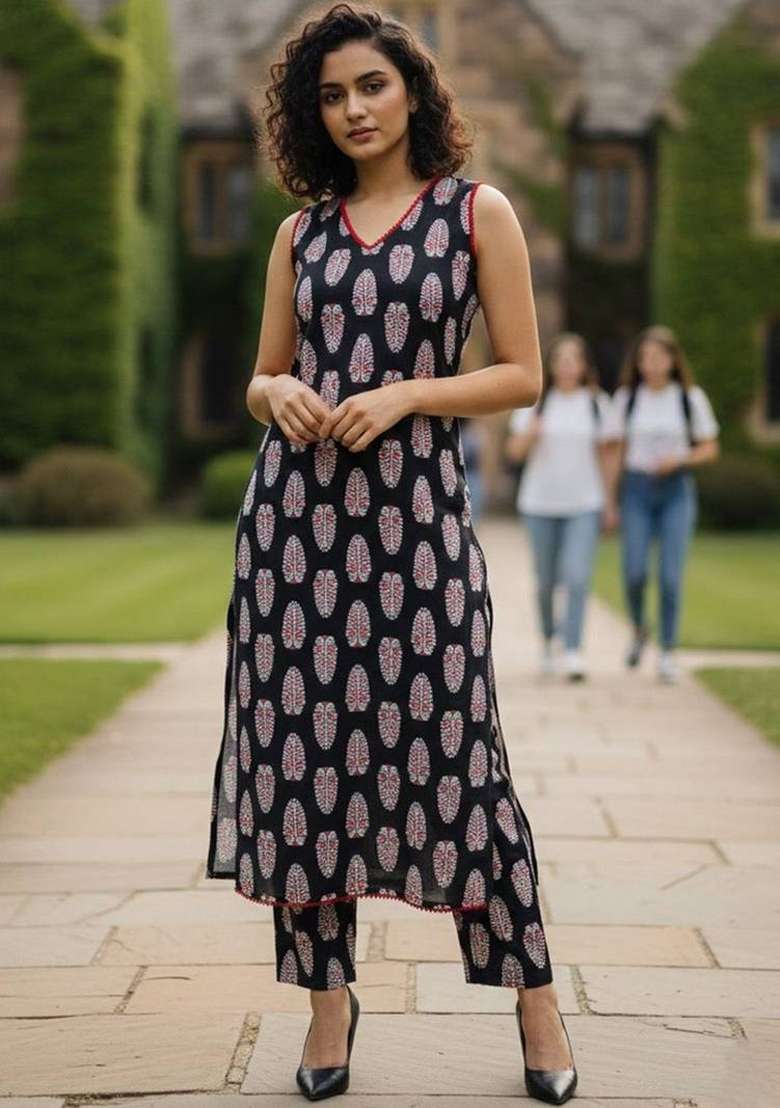 Black Printed Cotton Kurta Set - Indya
