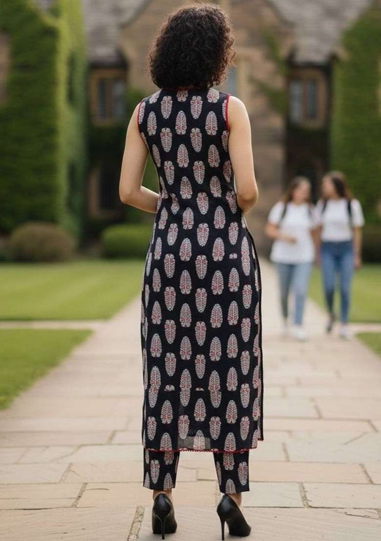 Black Printed Cotton Kurta Set - Indya