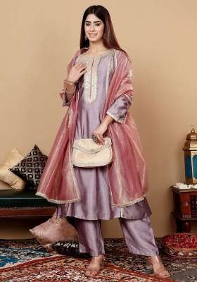 Lavender Embroidery Silk Kurta Set