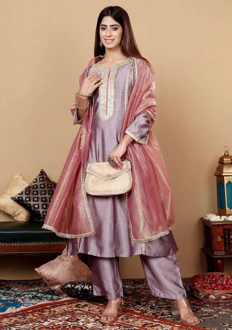 Lavender Embroidery Silk Kurta Set - Indya