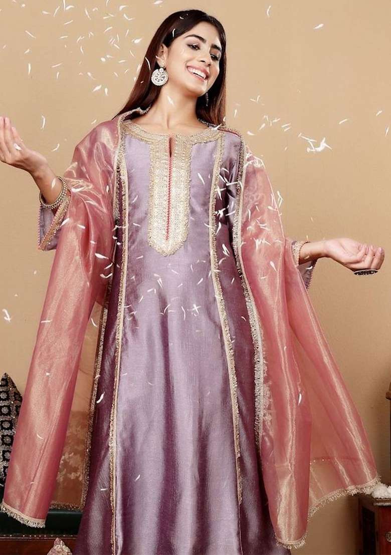 Lavender Embroidery Silk Kurta Set - Indya