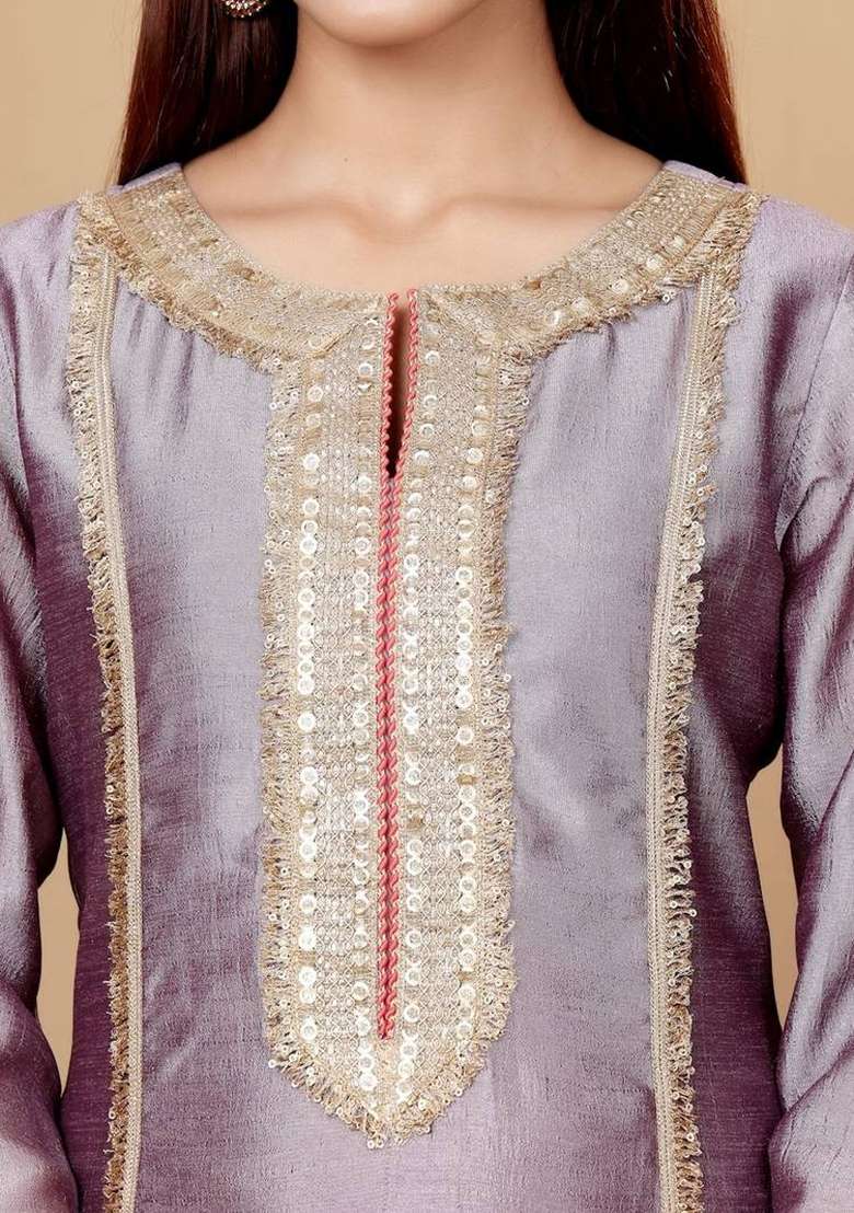 Lavender Embroidery Silk Kurta Set - Indya