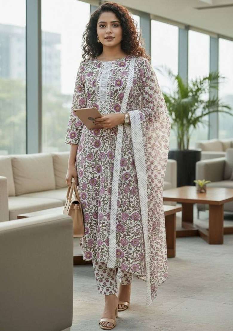 Pink Printed Cotton Kurta Set - Indya