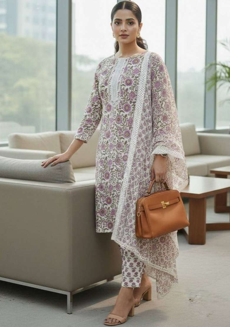 Pink Printed Cotton Kurta Set - Indya