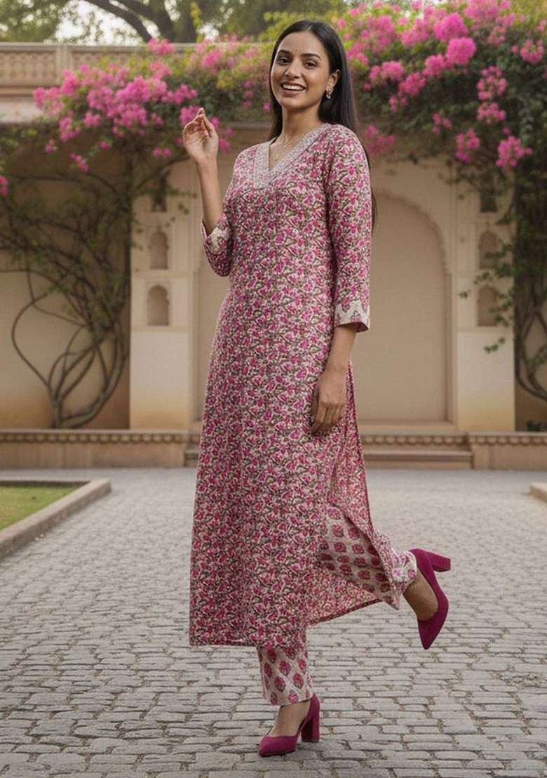 Off White Printed Cotton Kurta Set - Indya