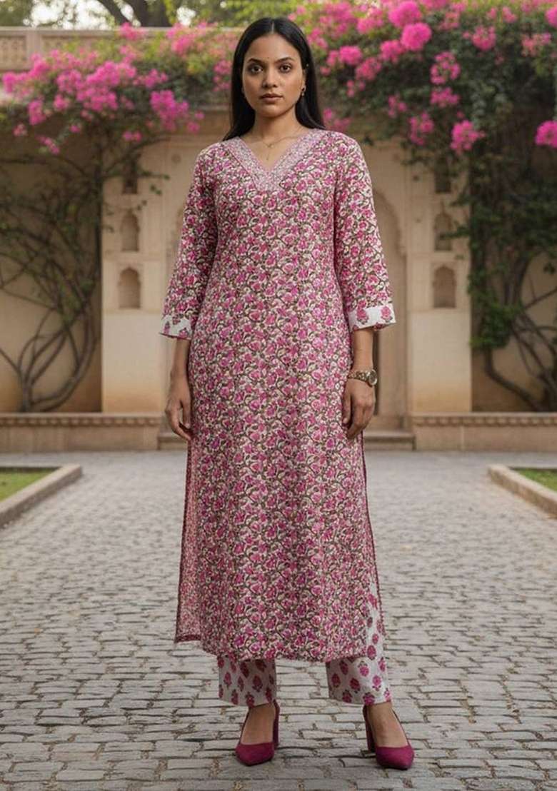 Off White Printed Cotton Kurta Set - Indya