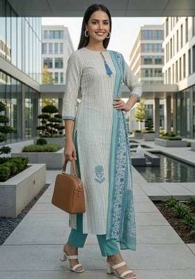 Off White Printed Cotton Kurta Set