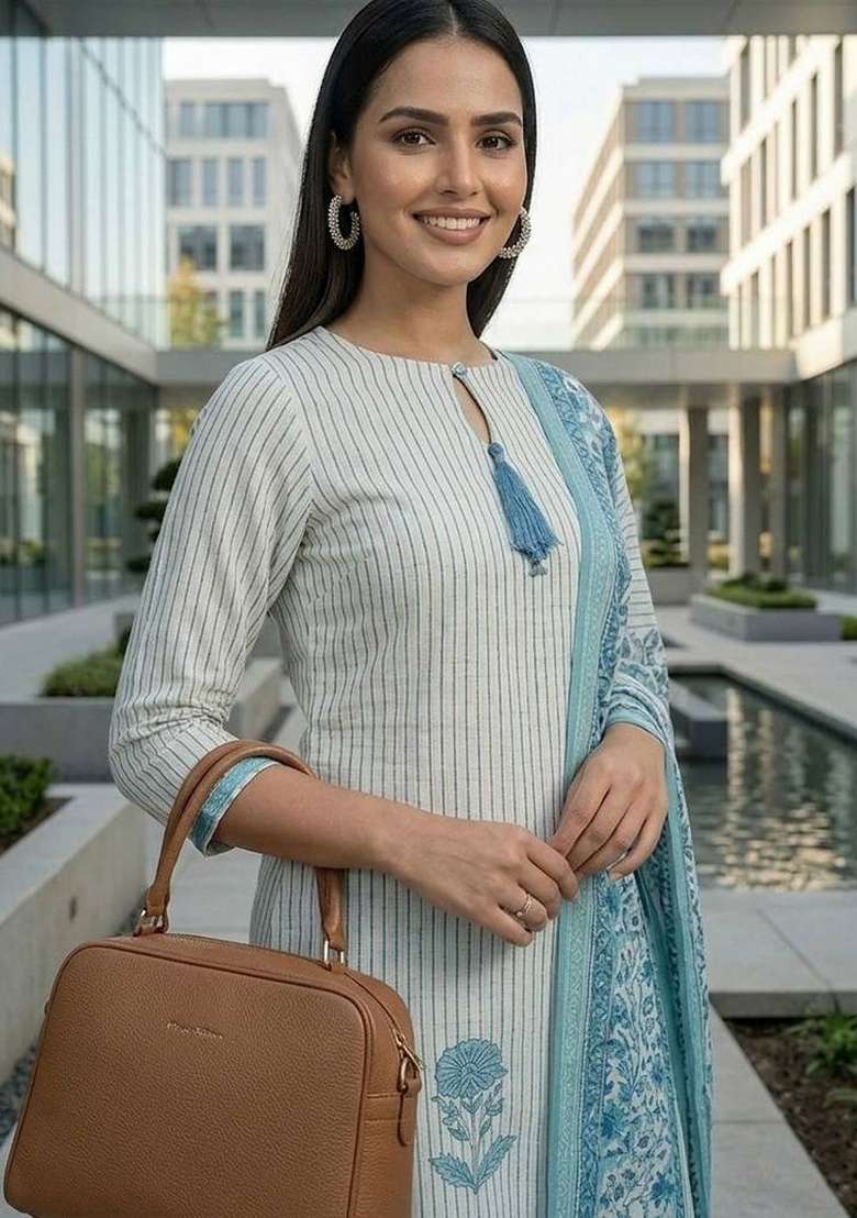 Off White Printed Cotton Kurta Set - Indya