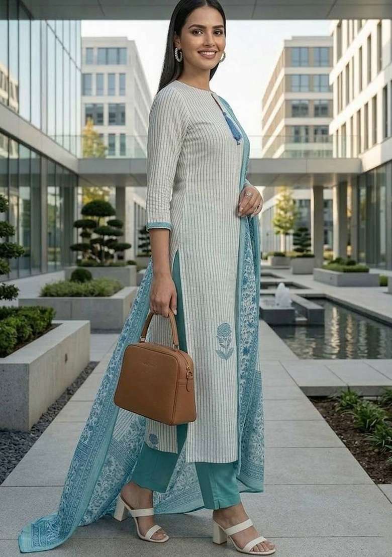 Off White Printed Cotton Kurta Set - Indya