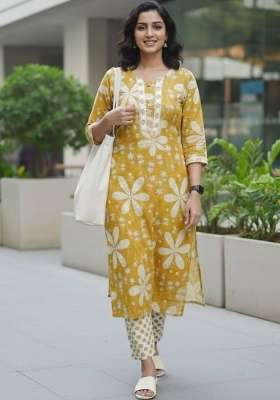 Yellow Printed Cotton Kurta Set