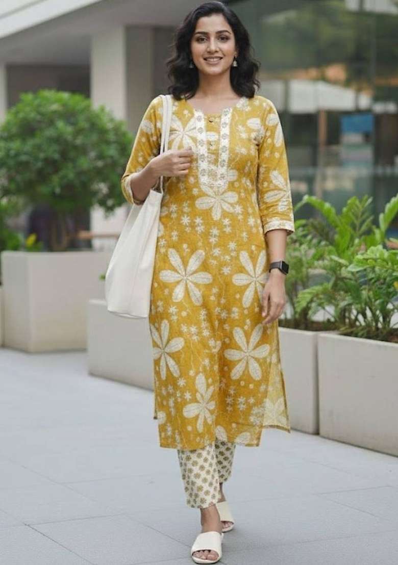 Yellow Printed Cotton Kurta Set - Indya