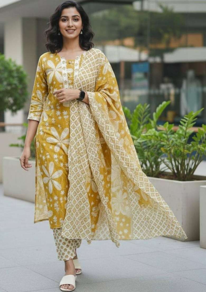 Yellow Printed Cotton Kurta Set - Indya