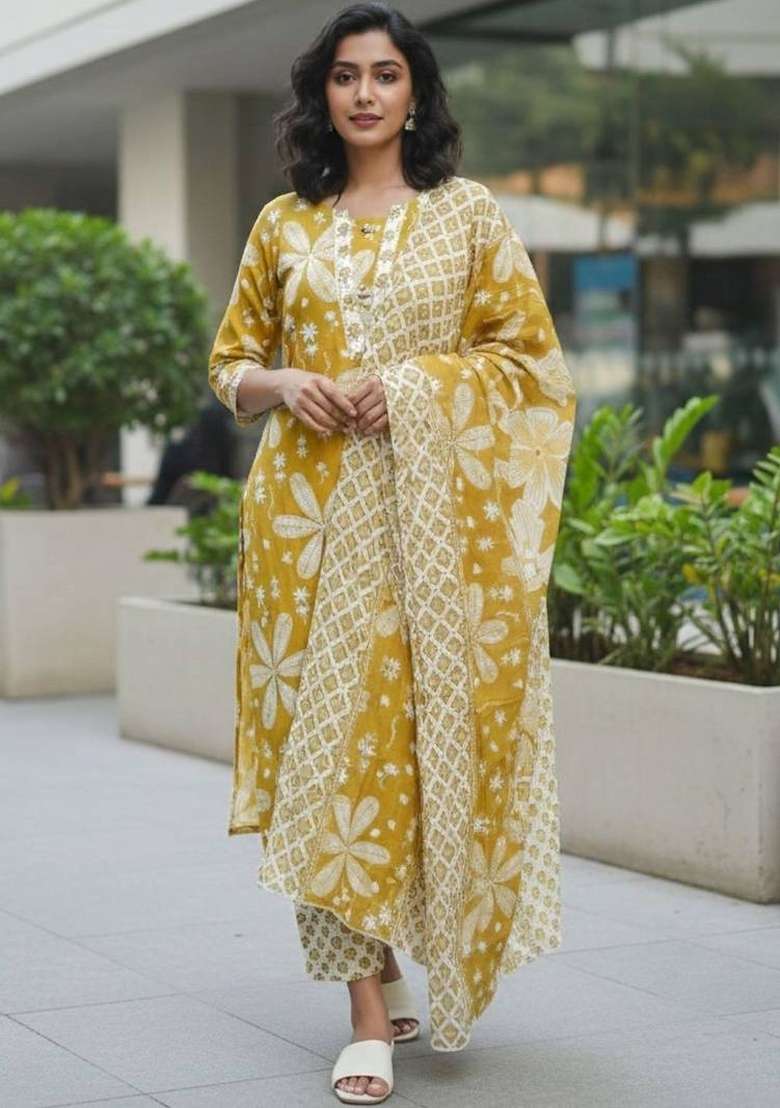 Yellow Printed Cotton Kurta Set - Indya