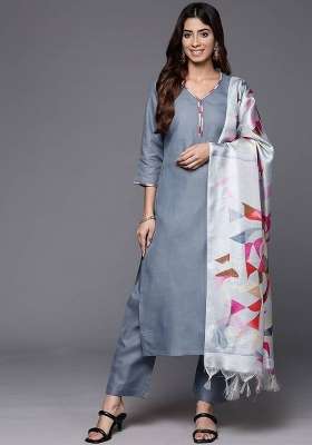 Grey Printed Cotton Kurta Set