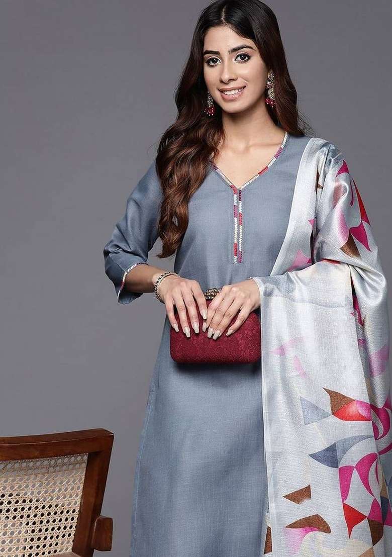 Grey Printed Cotton Kurta Set - Indya