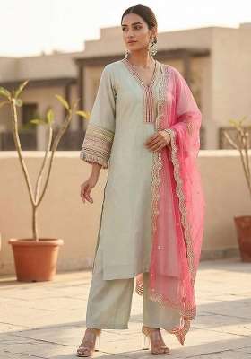 Green Embroidery Silk Kurta Set