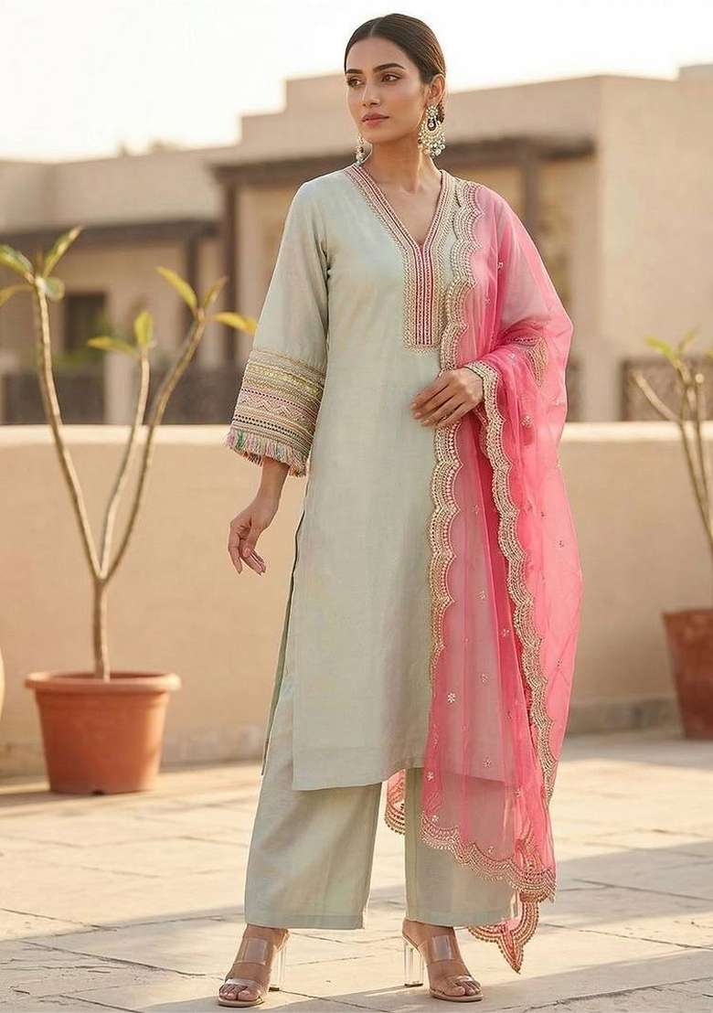 Green Embroidery Silk Kurta Set - Indya