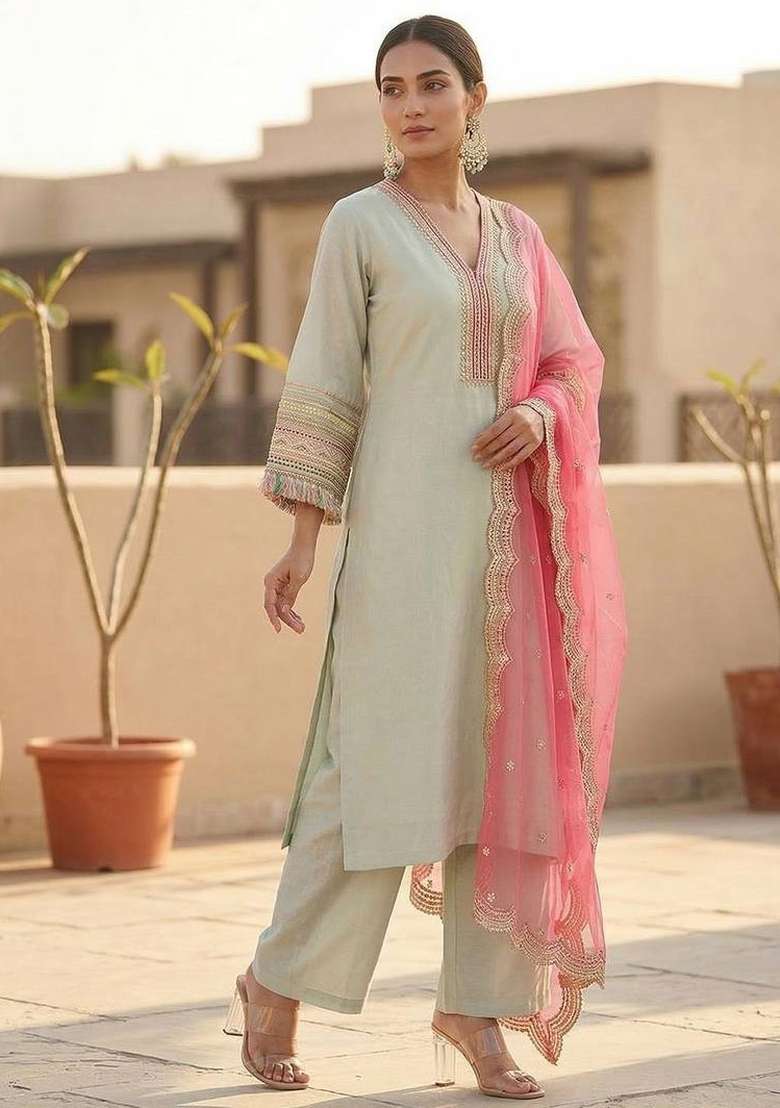 Green Embroidery Silk Kurta Set - Indya