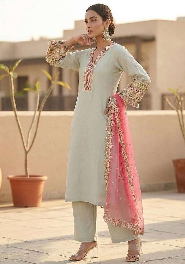 Green Embroidery Silk Kurta Set - Indya