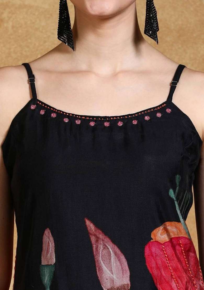 Black Printed Silk Kurta Set - Indya