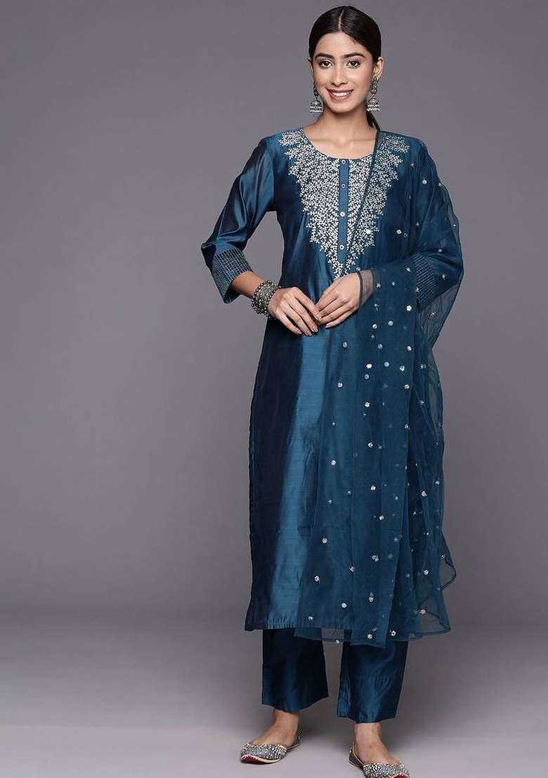 Navy Blue Embroidery Silk Kurta Set - Indya
