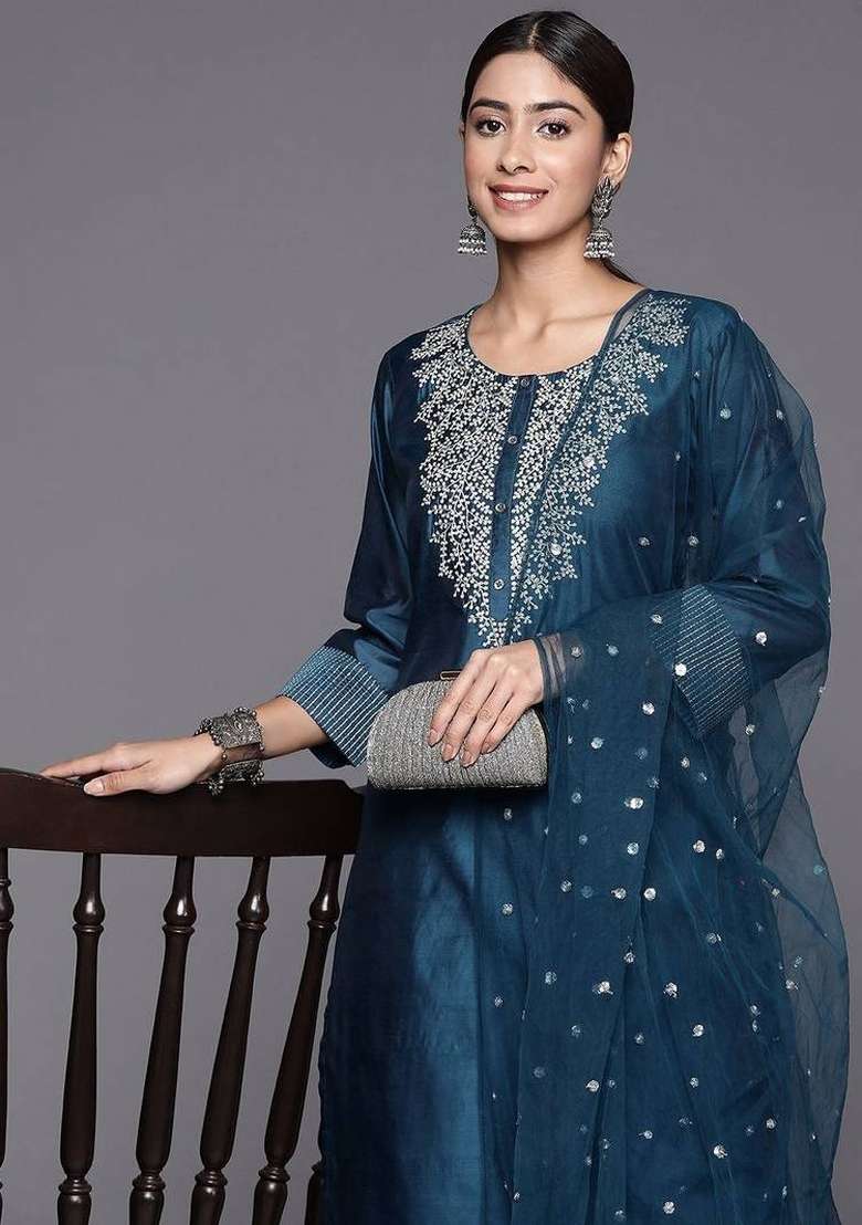 Navy Blue Embroidery Silk Kurta Set - Indya