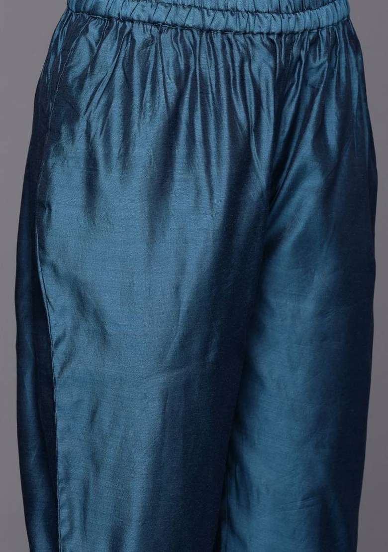 Navy Blue Embroidery Silk Kurta Set - Indya