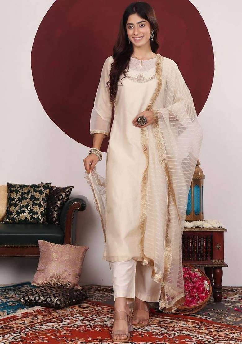 Off White Embroidery Silk Kurta Set - Indya