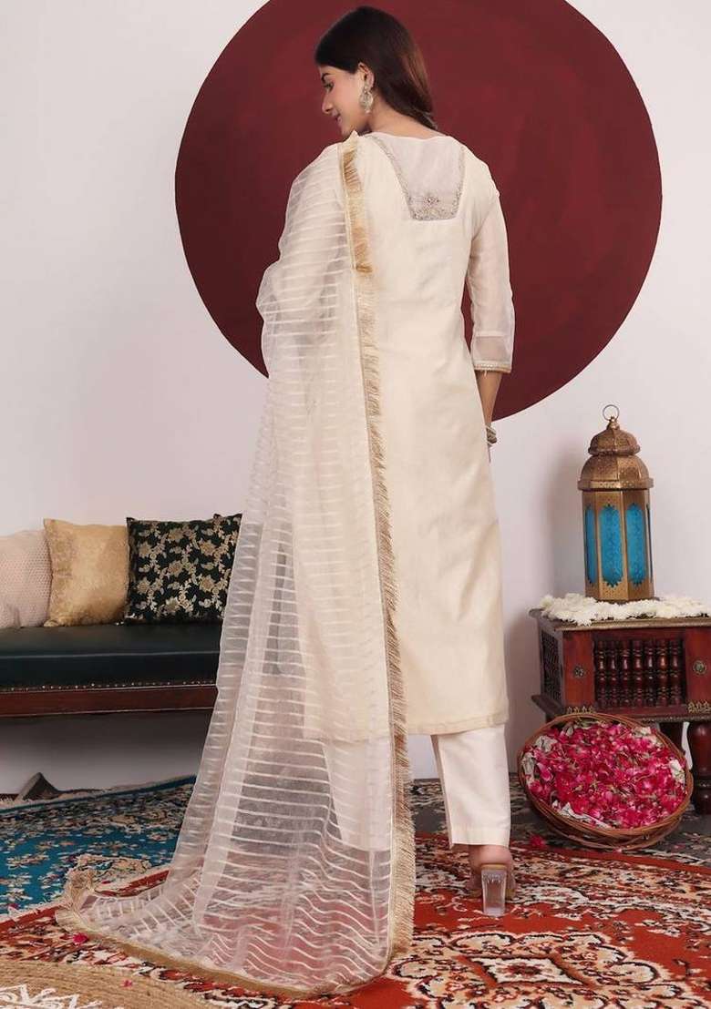 Off White Embroidery Silk Kurta Set - Indya