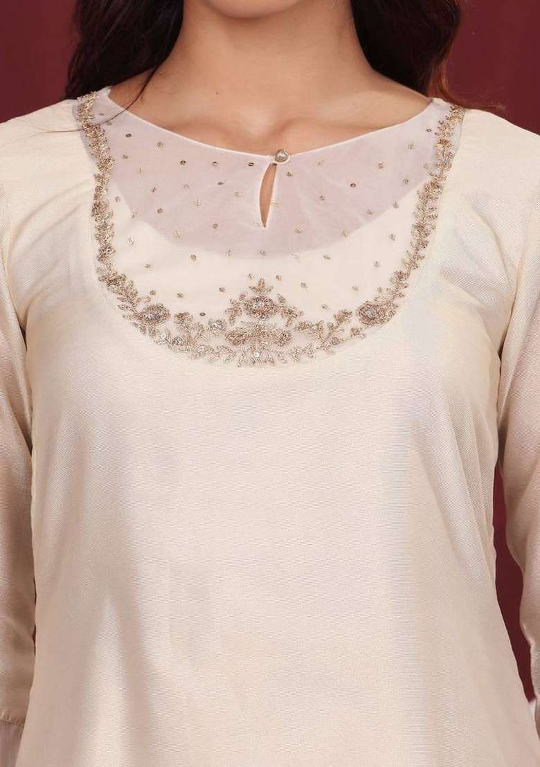 Off White Embroidery Silk Kurta Set - Indya