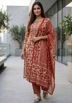 Red Printed Cotton Kurta Set