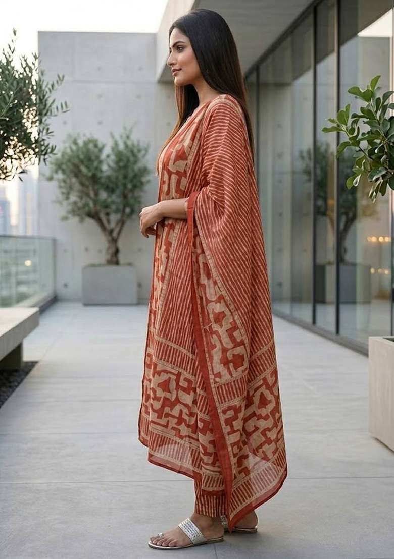 Red Printed Cotton Kurta Set - Indya