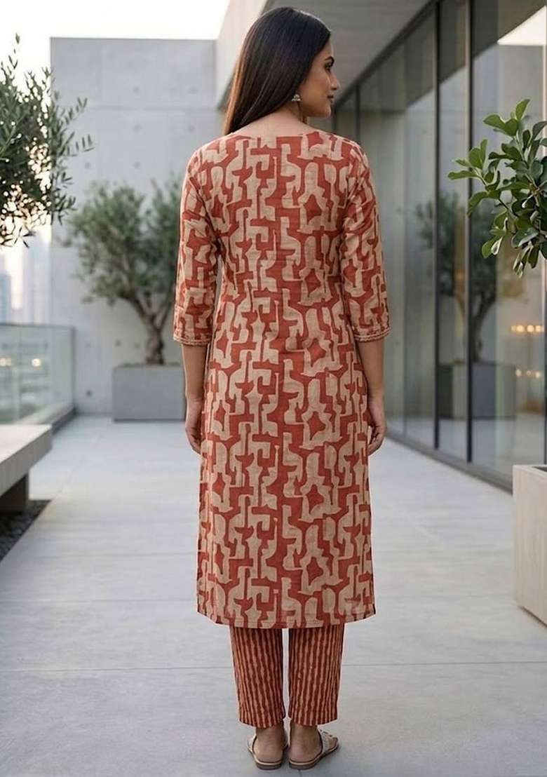 Red Printed Cotton Kurta Set - Indya