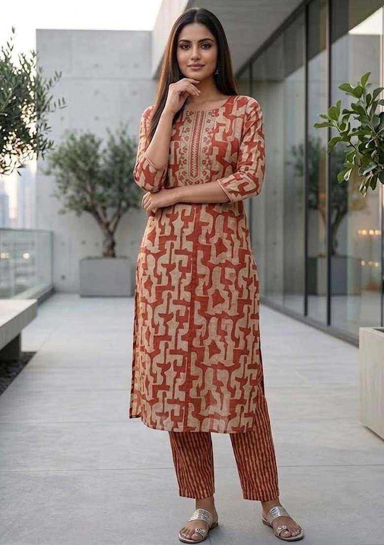 Red Printed Cotton Kurta Set - Indya