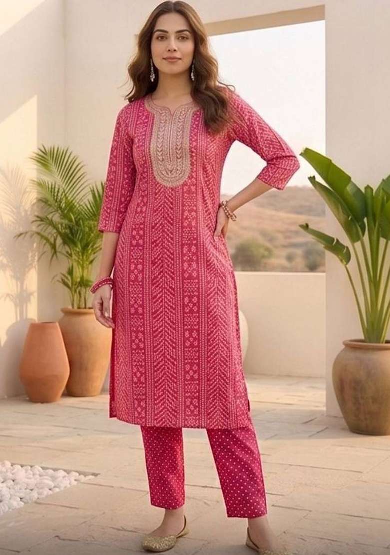 Pink Printed Cotton Kurta Set - Indya