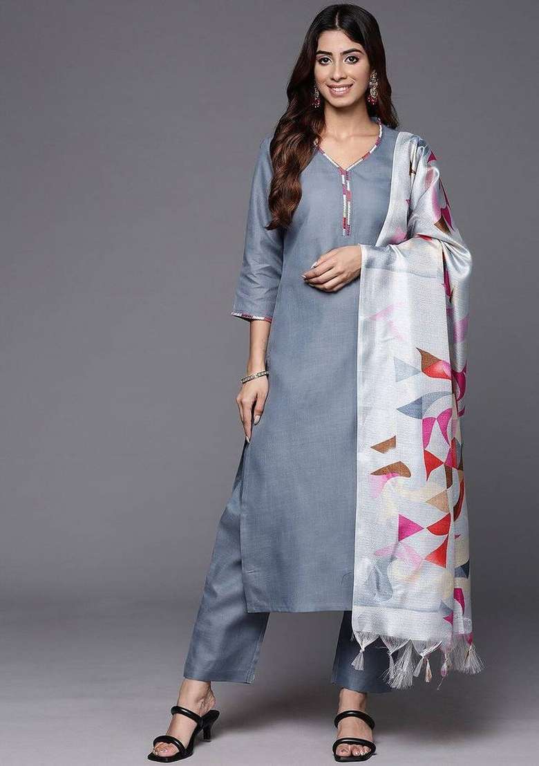 Grey Thread Work Cotton Kurta Set - Indya